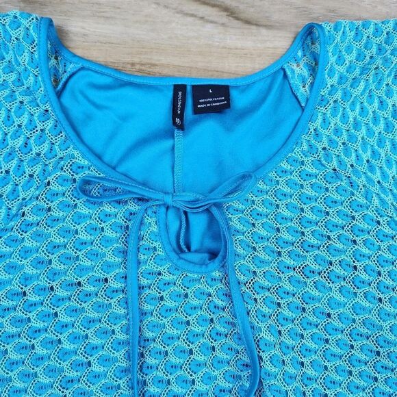🔹️New Directions Turquoise Knit Peacock Asymmetric Hem Top Large - Picture 5 of 10